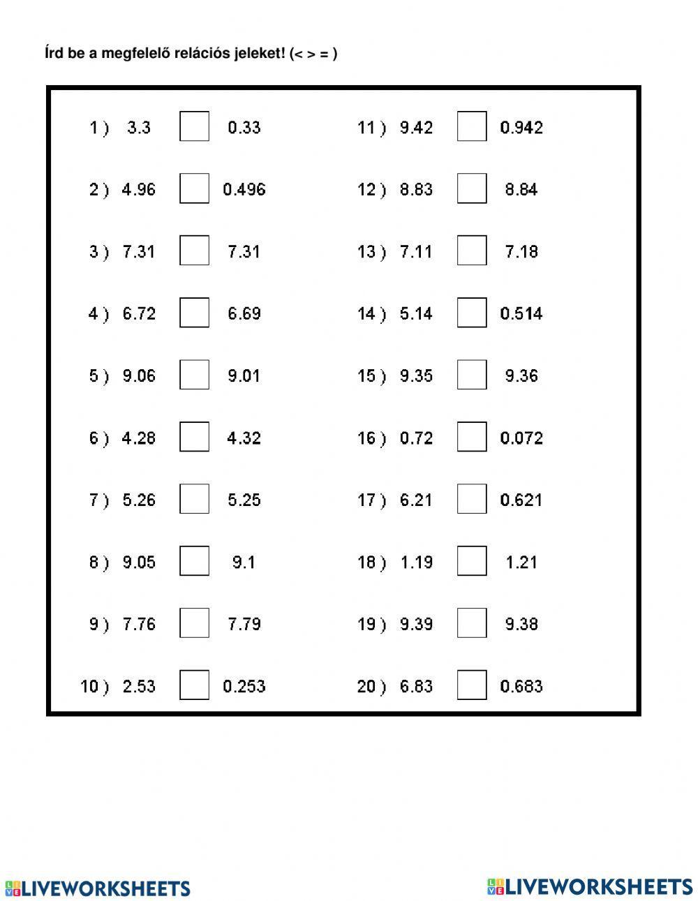Tizedes törtek összehasonlítása