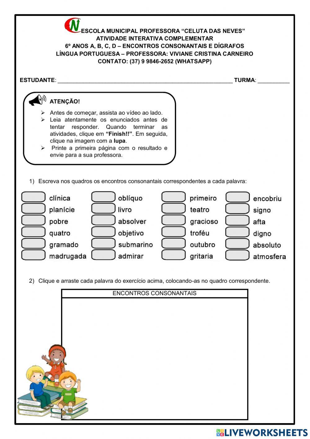 Encontros consonantais e dígrafos interactive worksheet | Live Worksheets