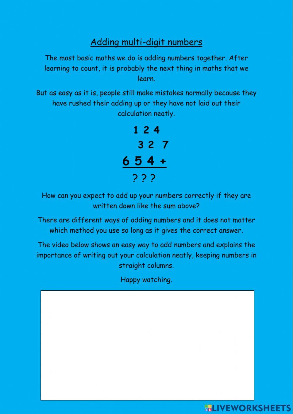 Adding Multi Digit Numbers online exercise for Live Worksheets