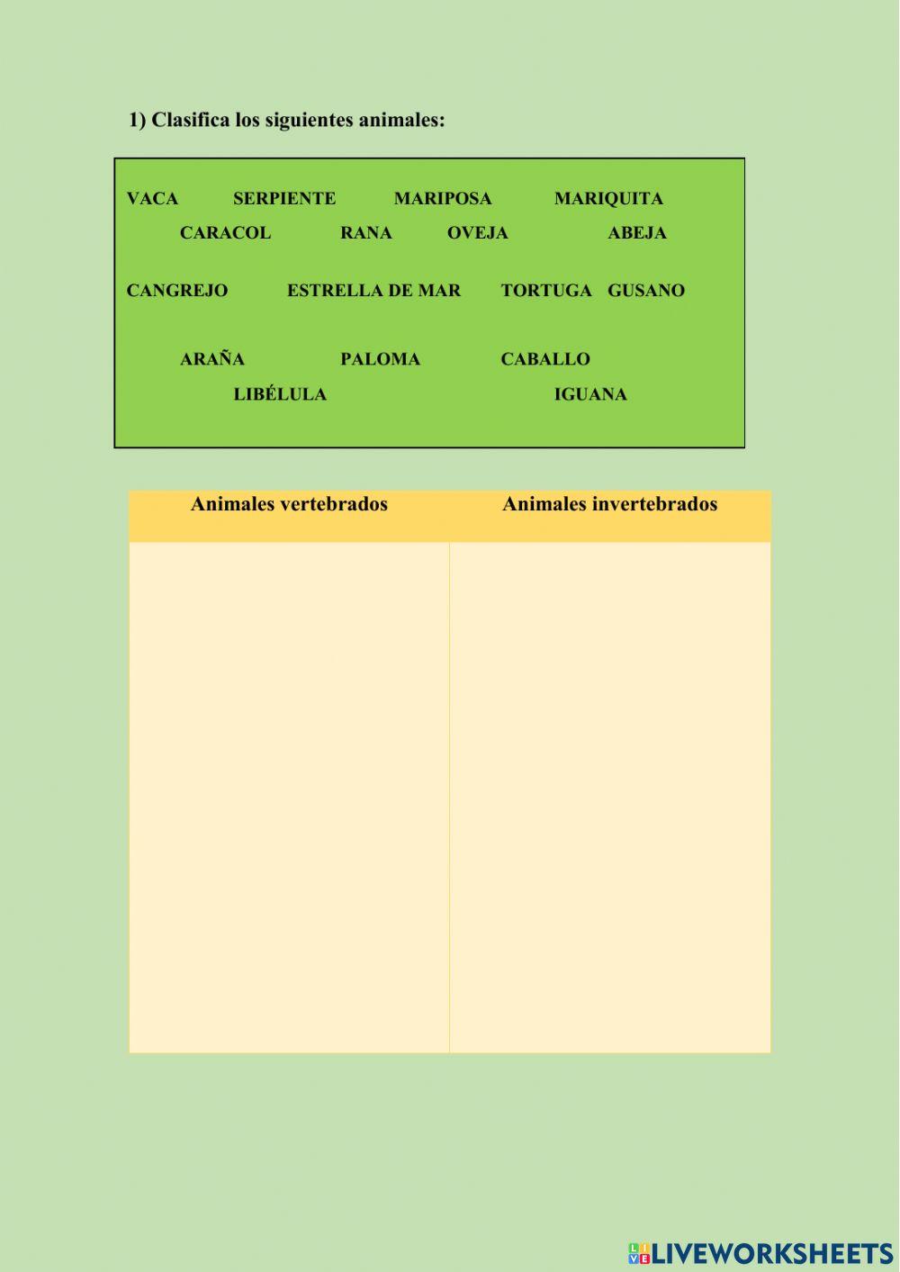 Animales vertebrados e invertebrados