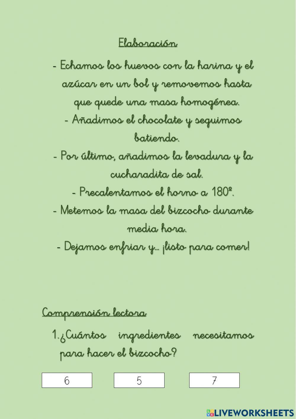 Comprensión lectora. Receta.