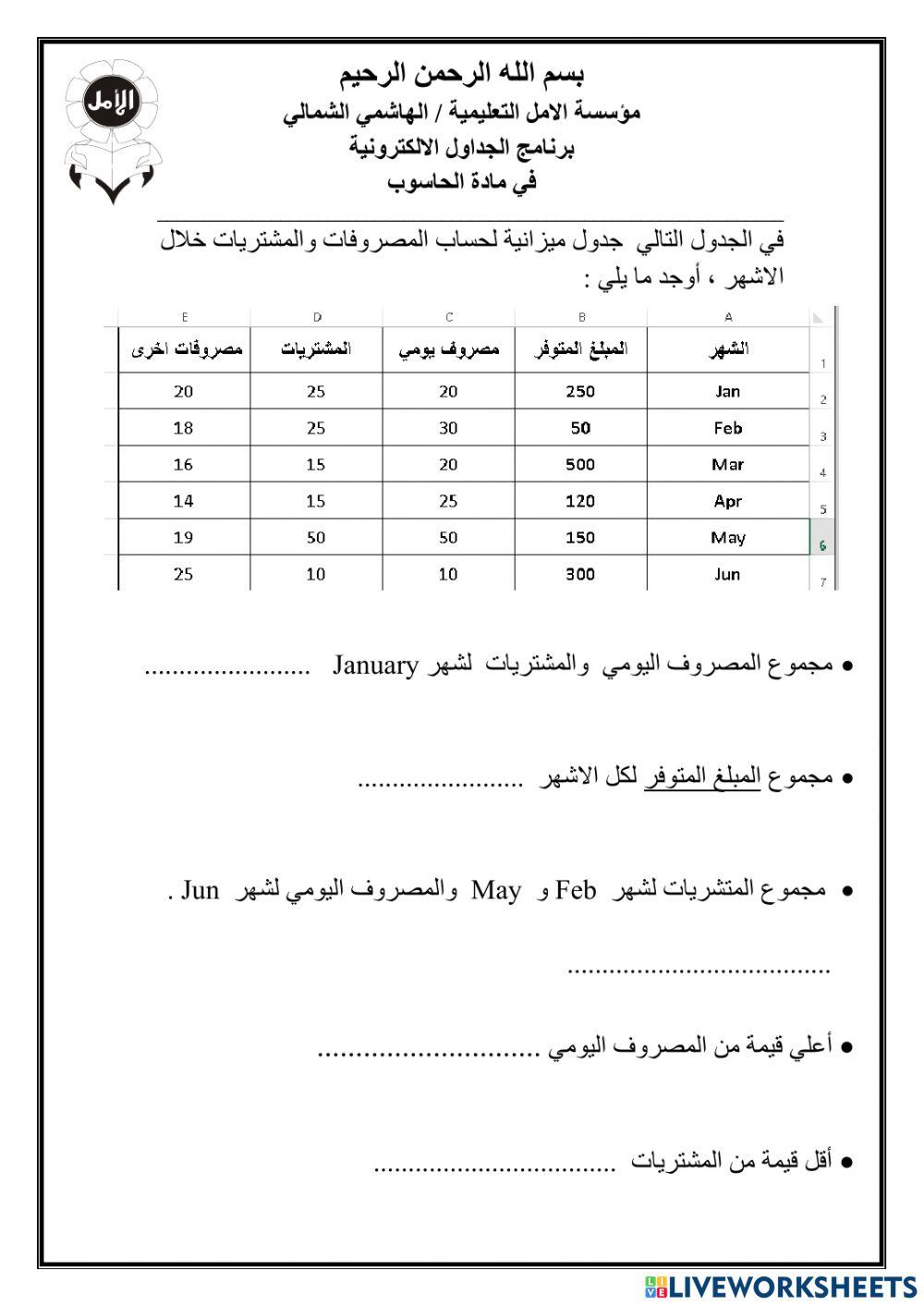 ورقة عمل العمليات الحسابية سادس