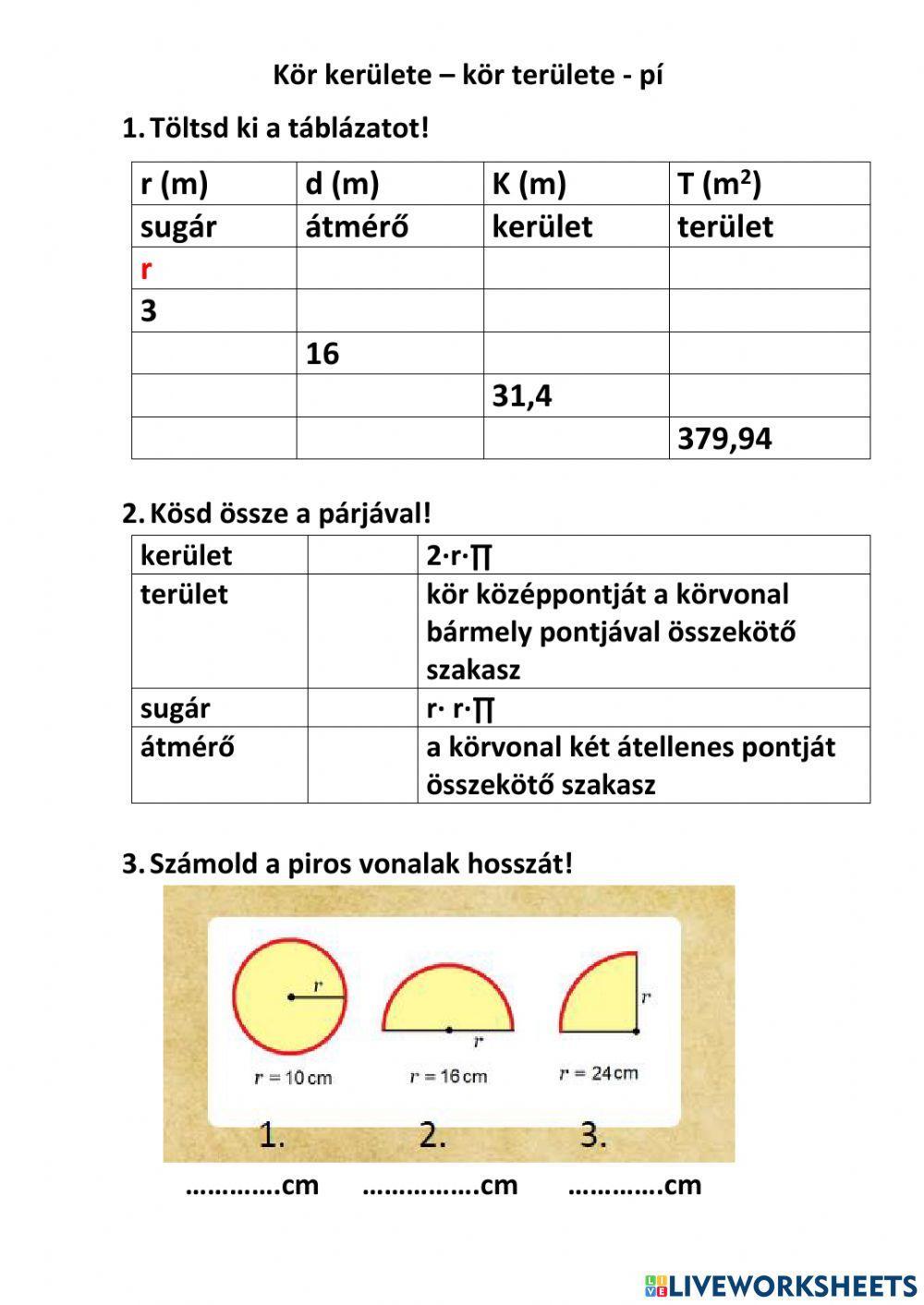 Kör - kerület-terület-pí
