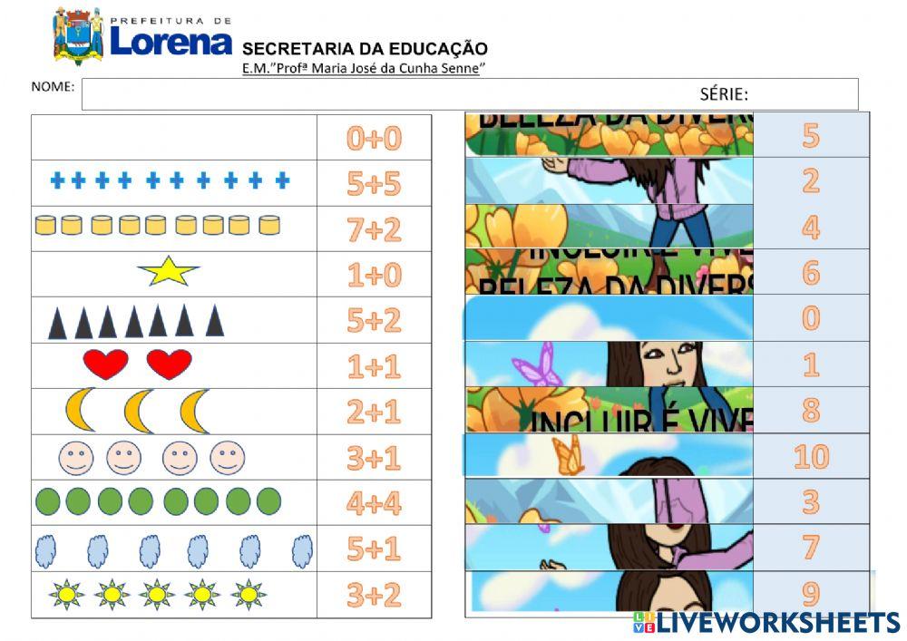 Quebra cabeça da adição e e ligue a letra no animal
