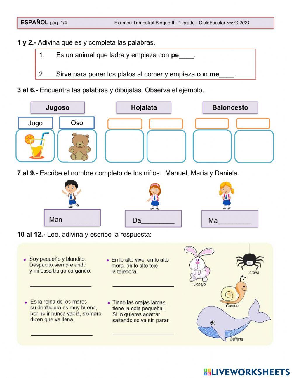 Evaluación de Español segundo periodo