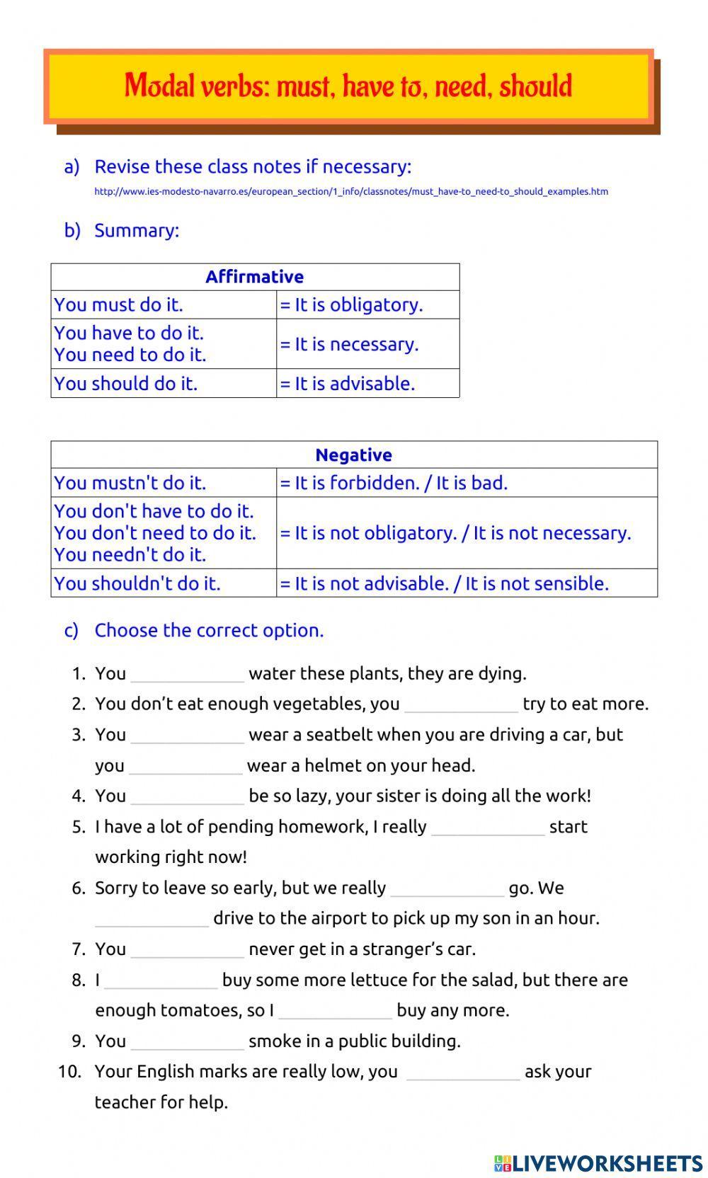 Modal verbs: must, have to, need, should worksheet