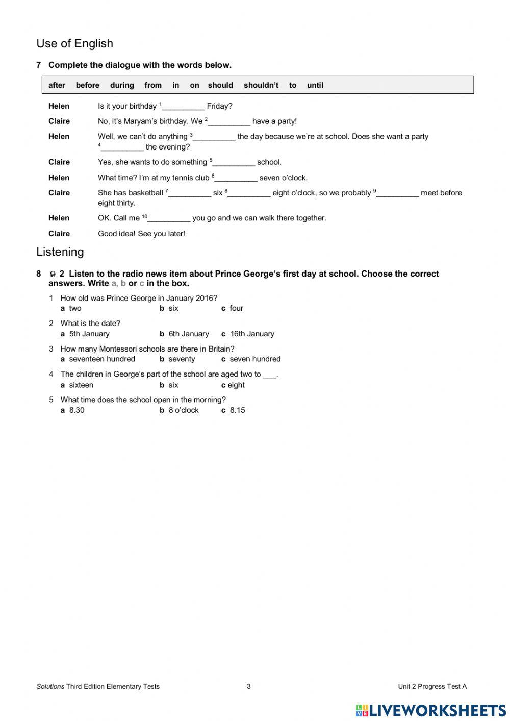 Solutions elementary - Unit 2 test