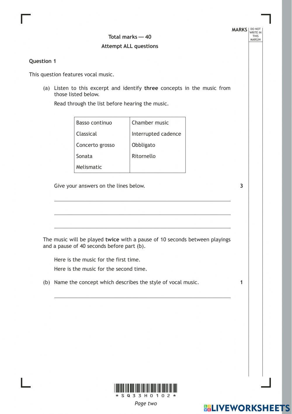 Higher Music UM - 2014 Specimen Paper Q1,2,3,5,7,8