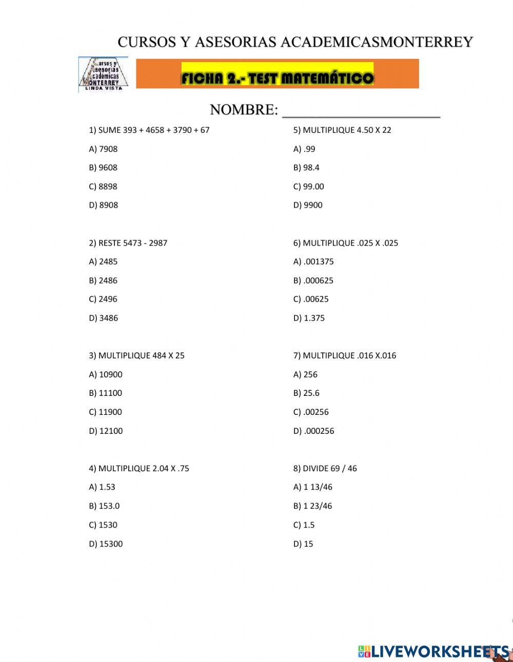 Ficha 2-test matematico
