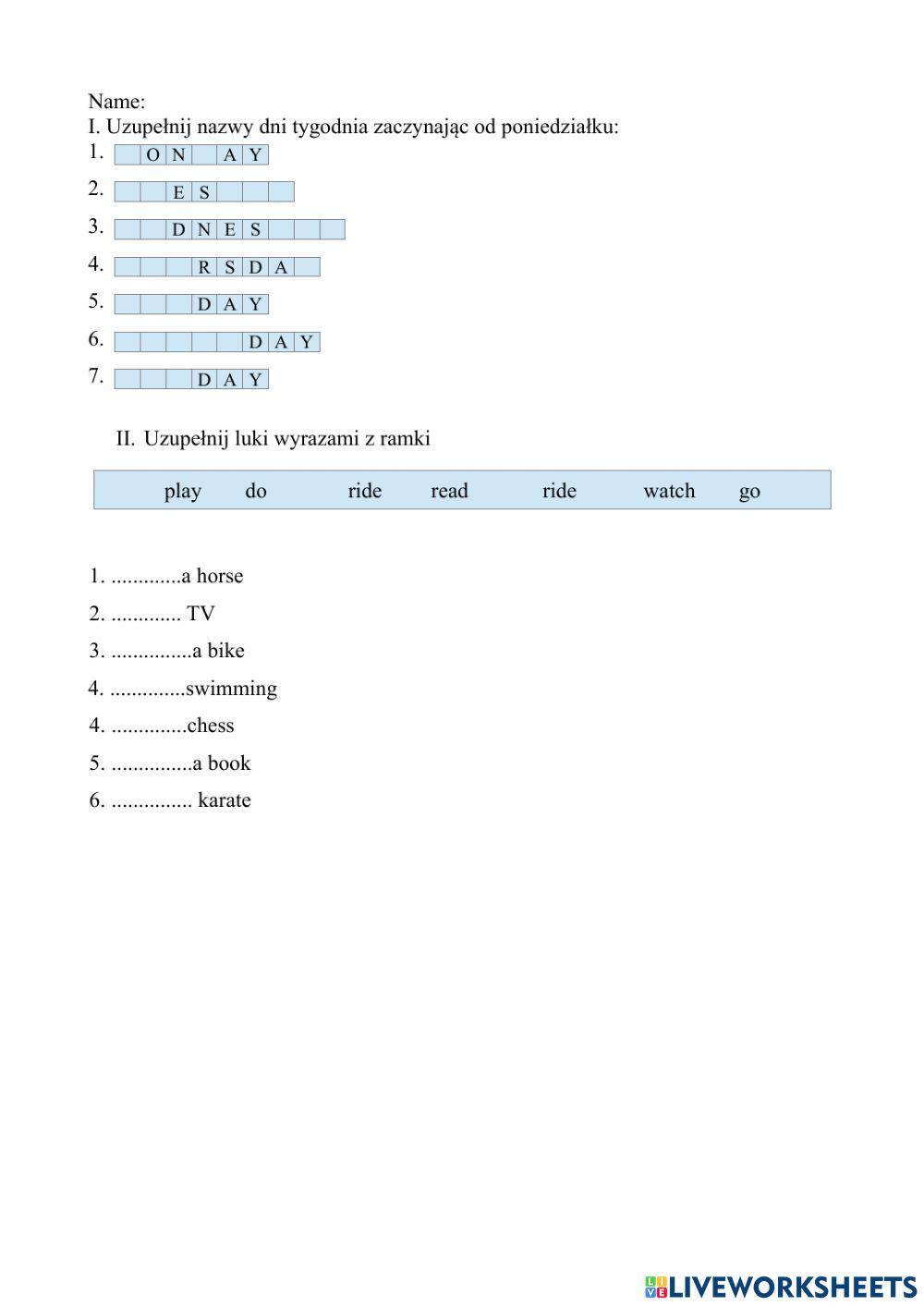 Kartkówka III dni tygodnia