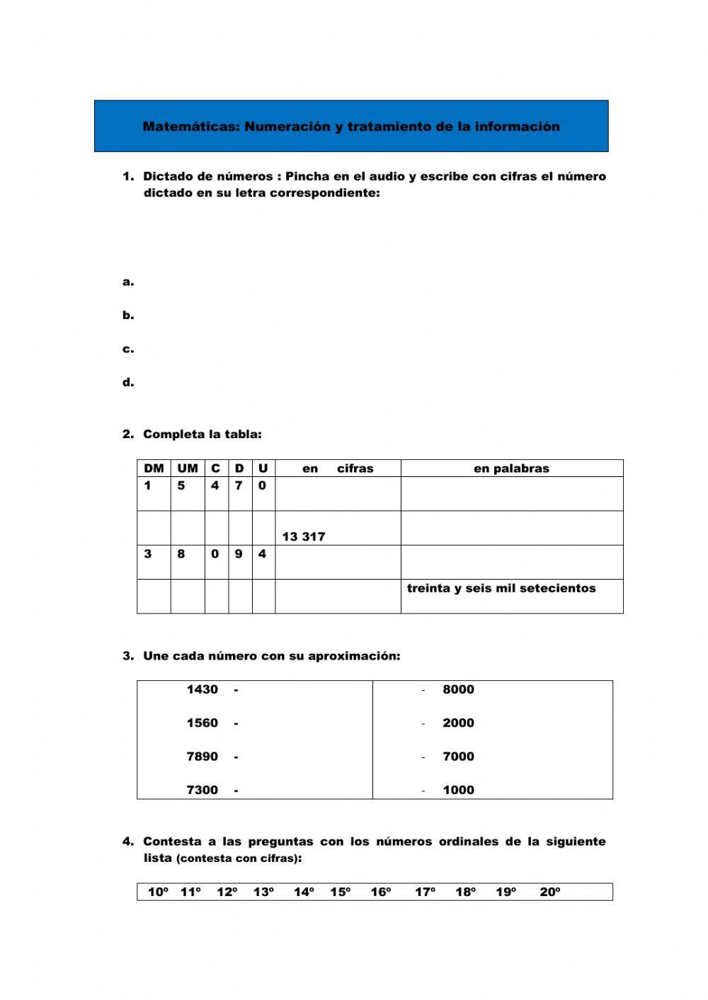 Matemáticas. Numeración  y tratamiento de la información