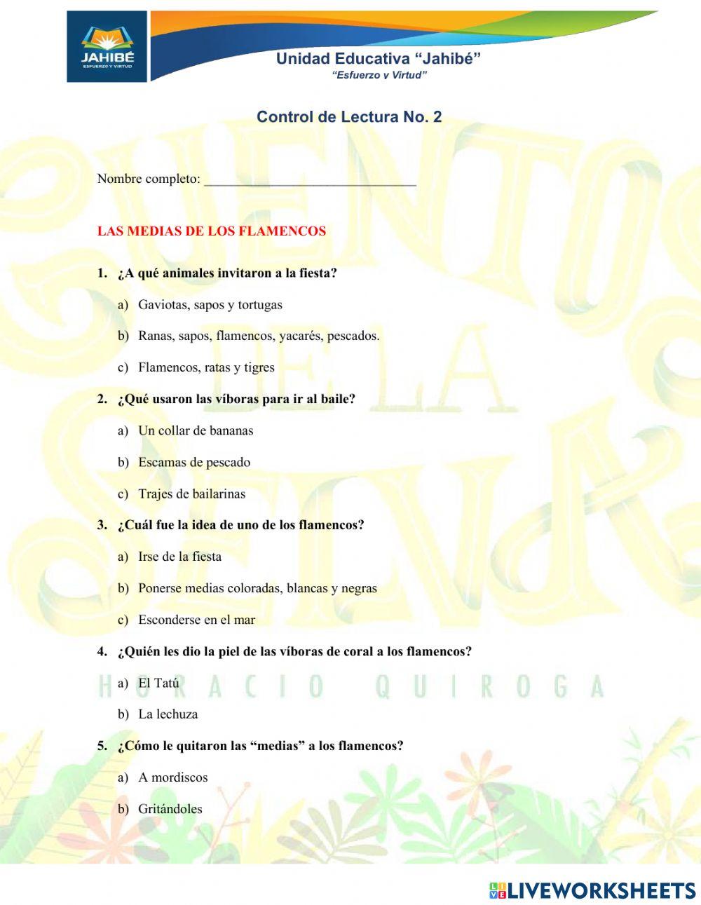 4to EGB Control de lectura No. 2