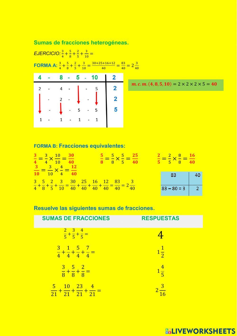 Sumas y restas de fracciones