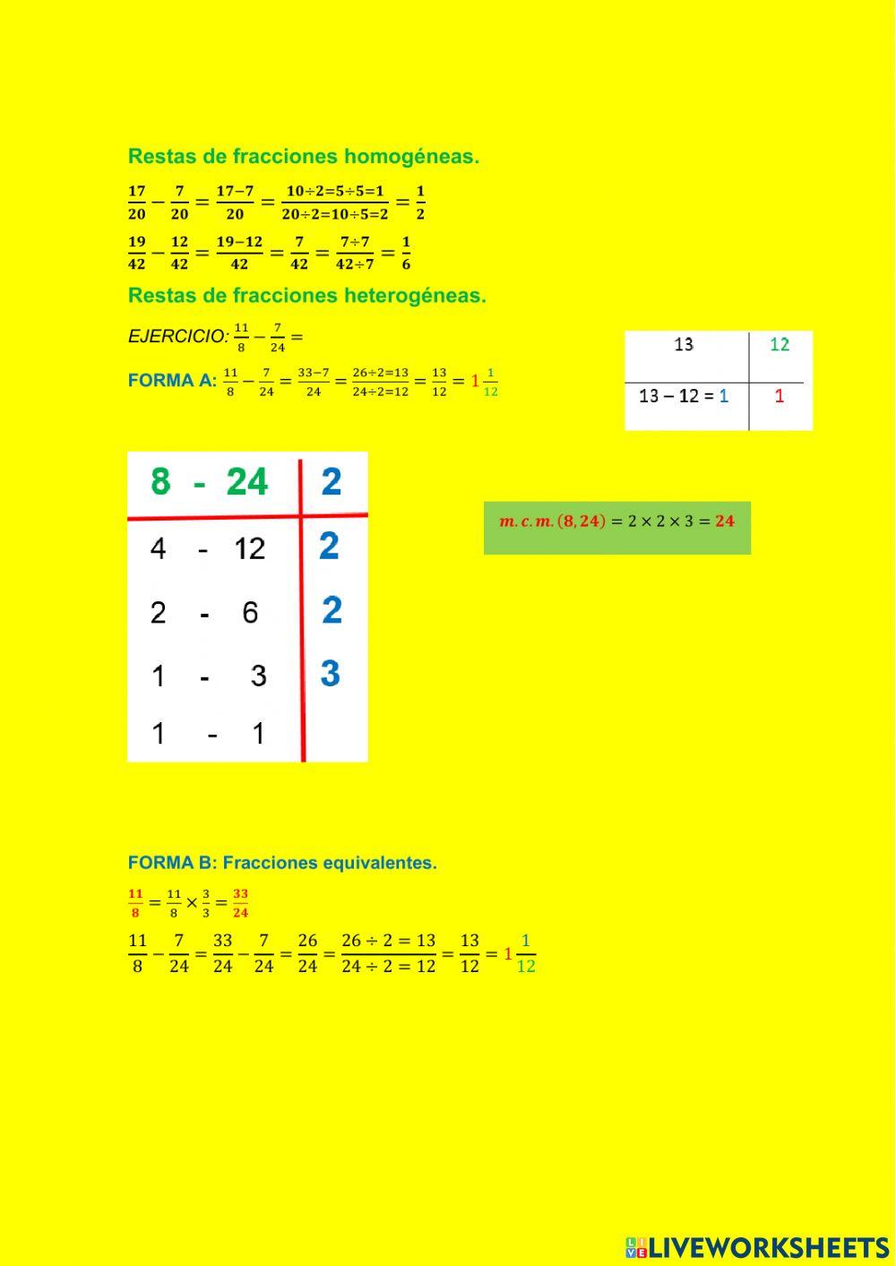 Sumas y restas de fracciones