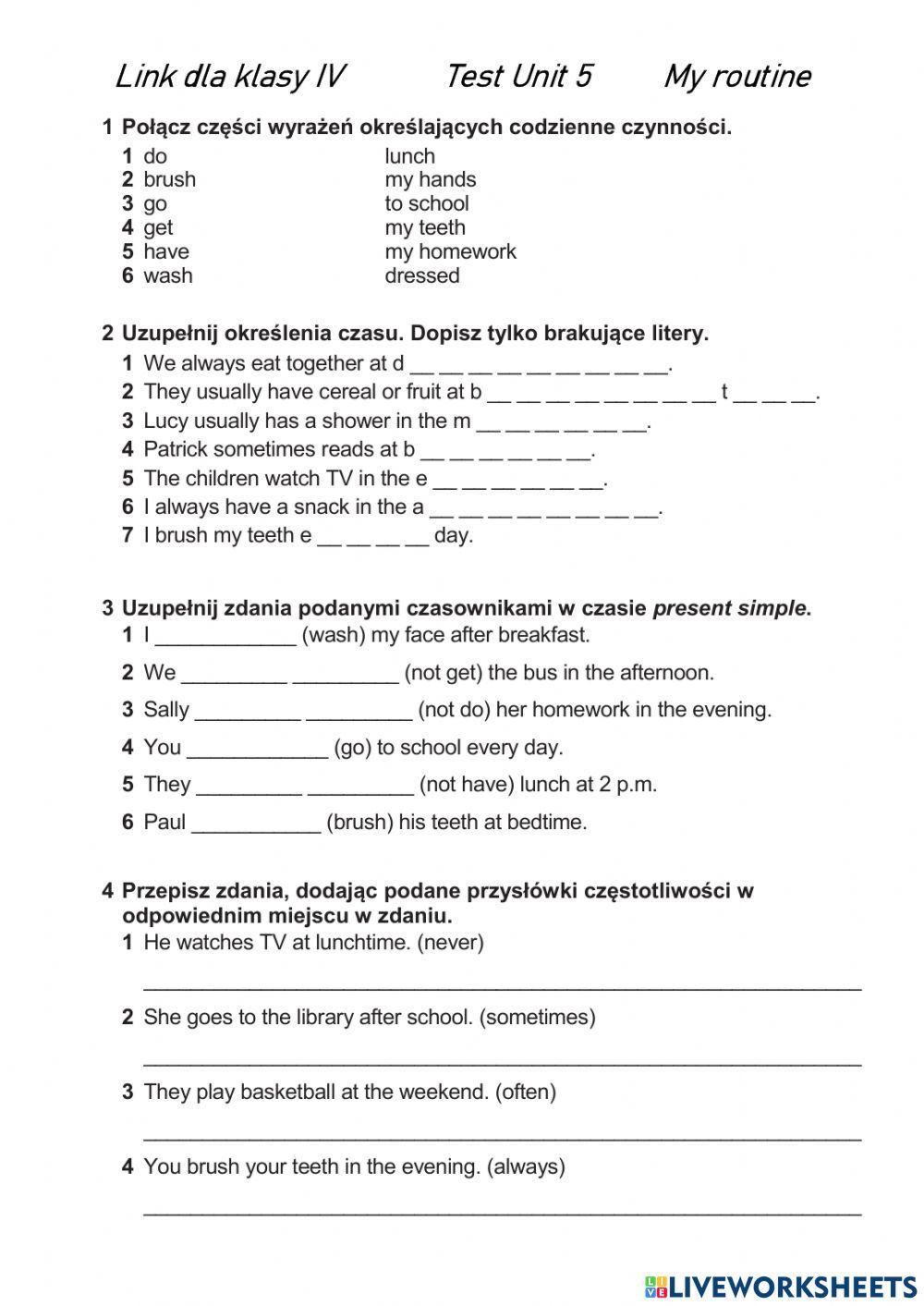 Unit 4 Test Klasa 4 6503487 | Link dla klasy IV UNIT 4 TEST | mozartbaby