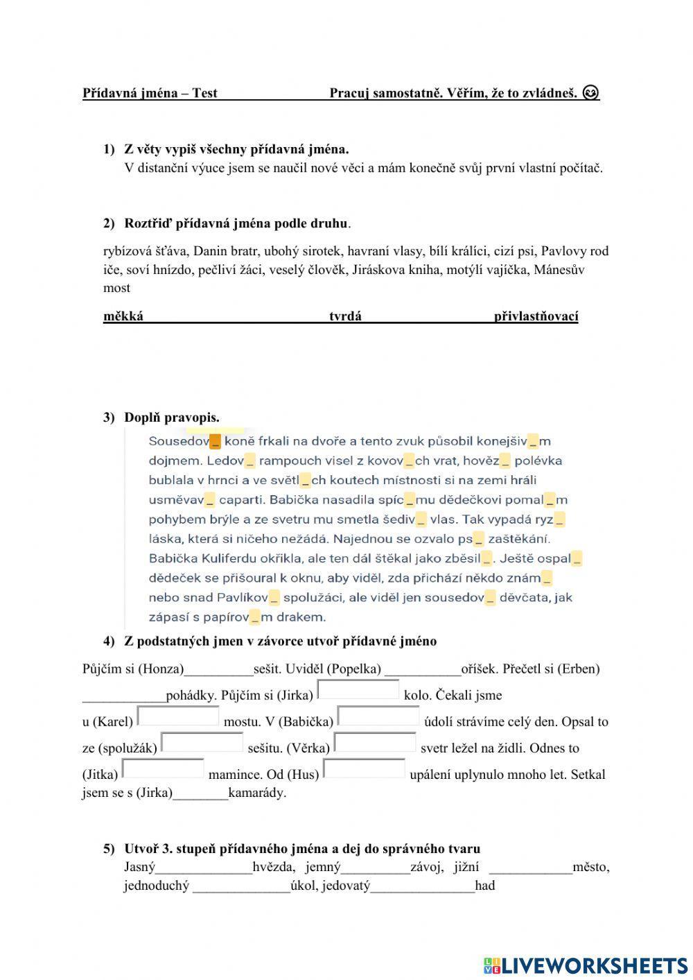 Přídavná jména - test