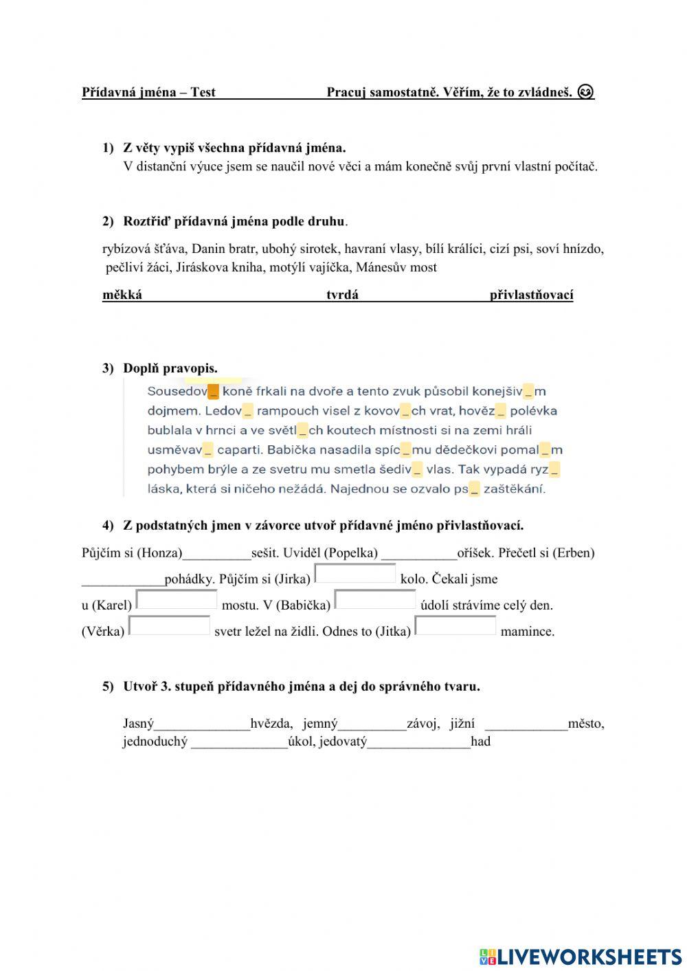 Přídavná jména - test (zkrácený)