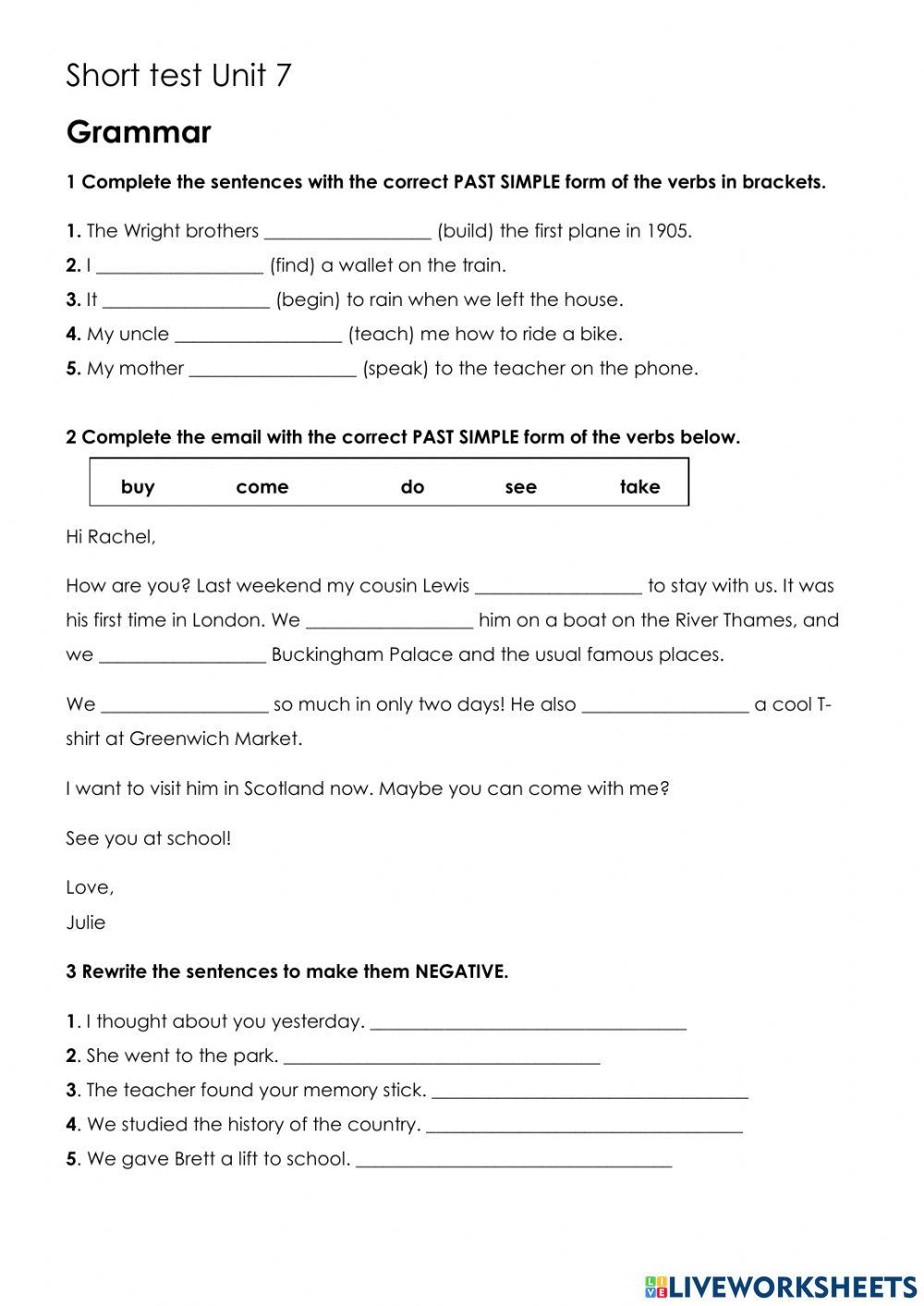 Unit 7 Short Test (Elementary)
