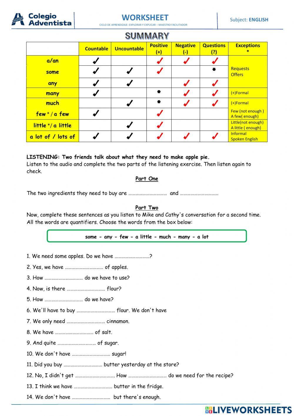 Quantifiers some, any, lot of, a few, a little listening