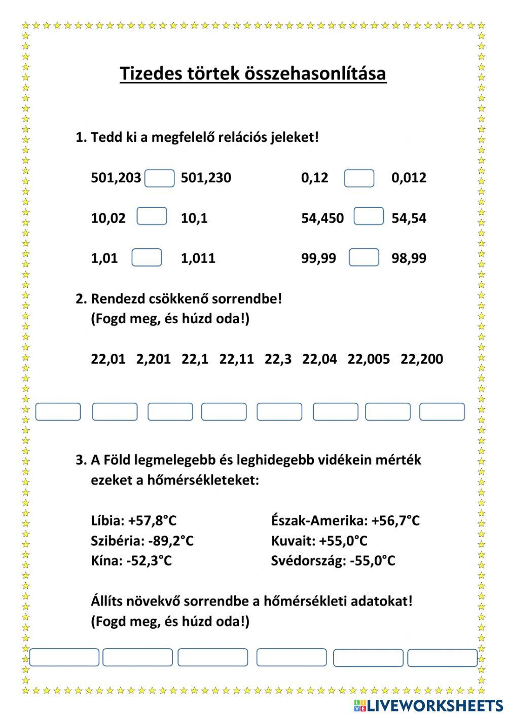 Tizedes törtek összehasonlítása