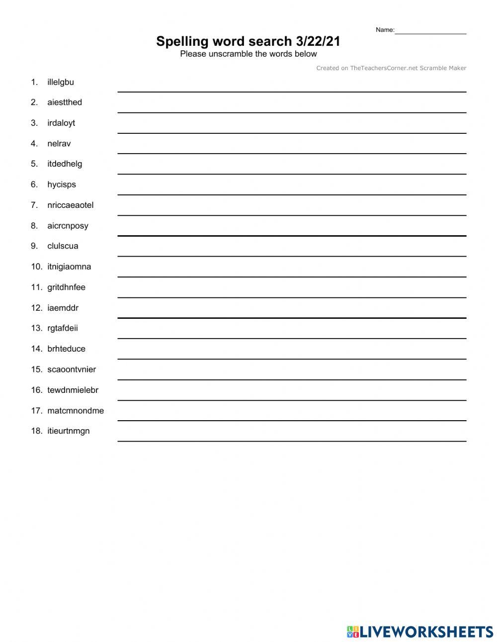 Spelling Scramble Worksheet Answer Key