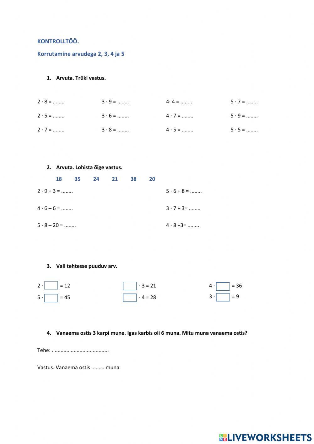 Korrutamine arvudega 2, 3, 4 ja 5. 2. klass, kontrolltöö