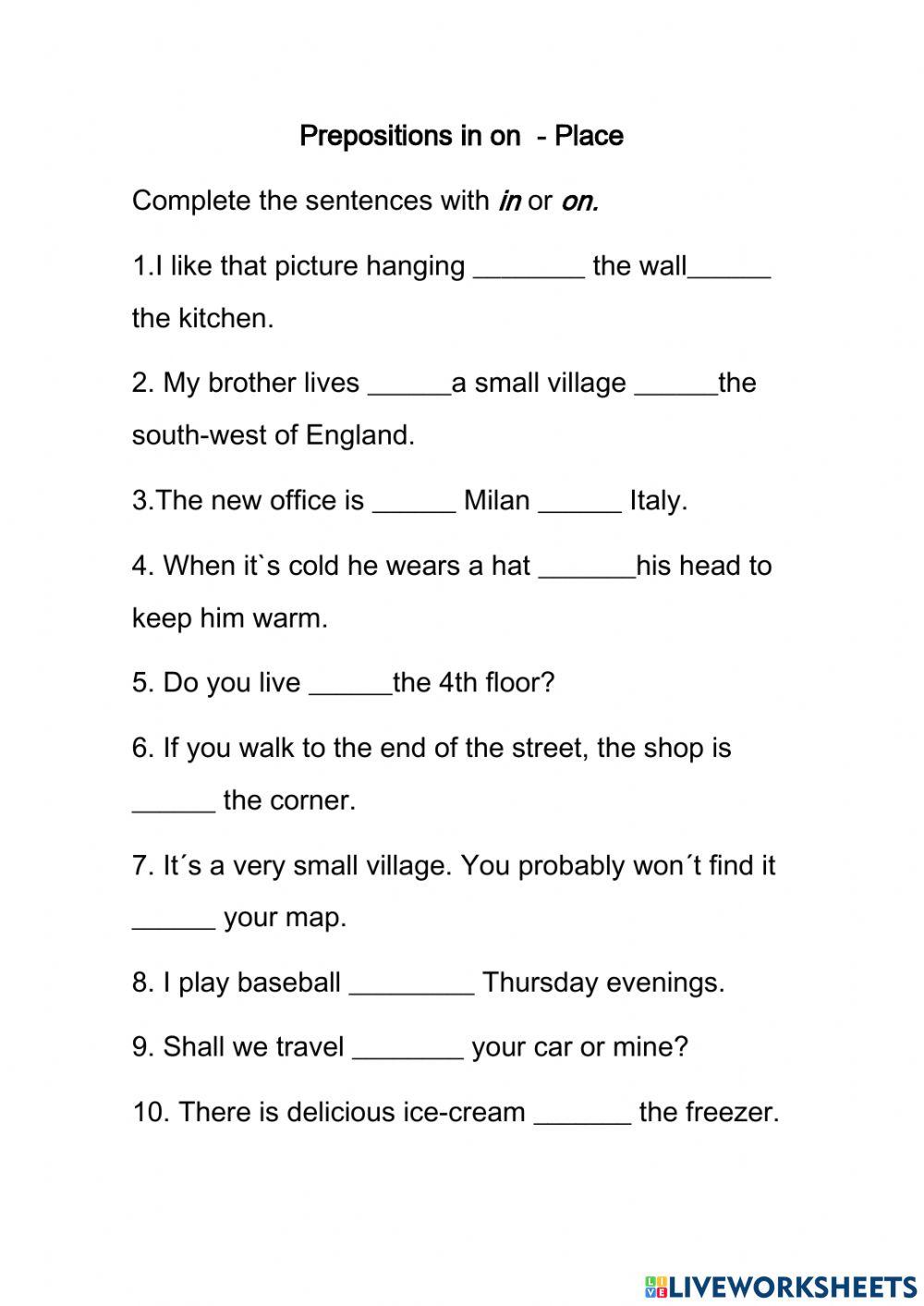 Prepositions in on place