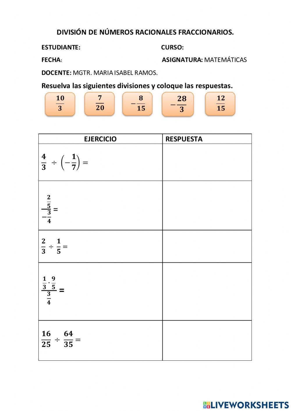Division de numeros racionales fraccionarios