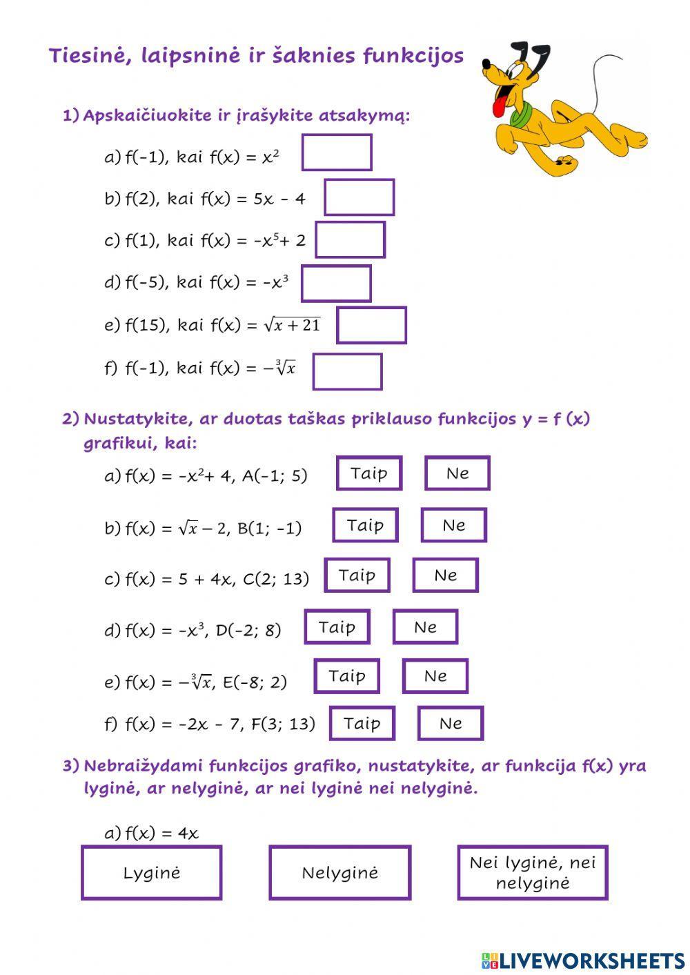 Tiesinė, laipsninė ir šaknies funkcijos