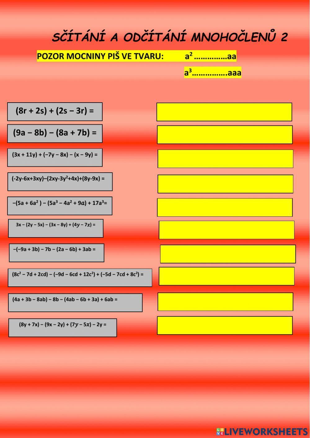 Sčítání a odčítání mnohočlenů 2