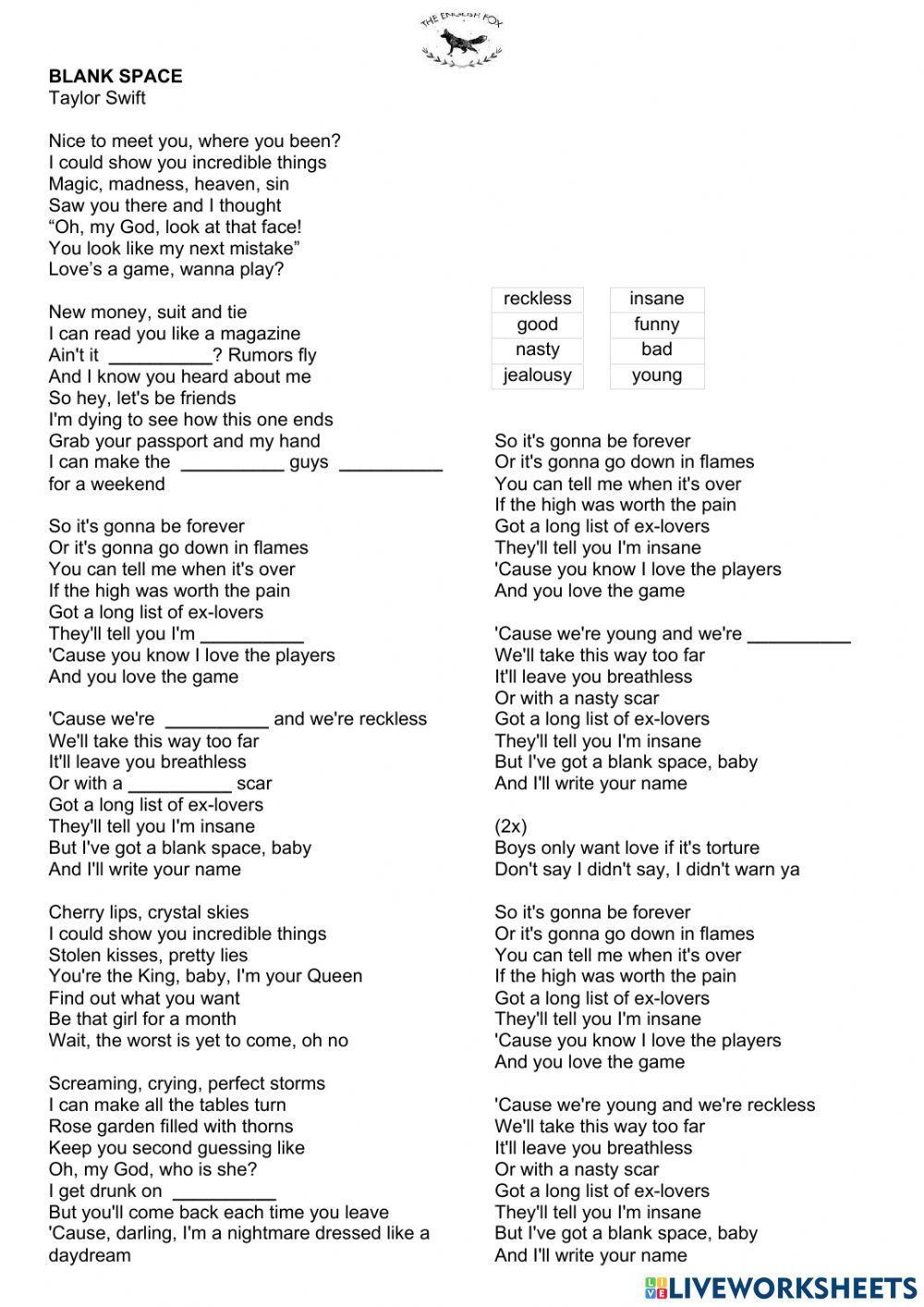 Blank space - taylor swift adjectives worksheet | Live Worksheets