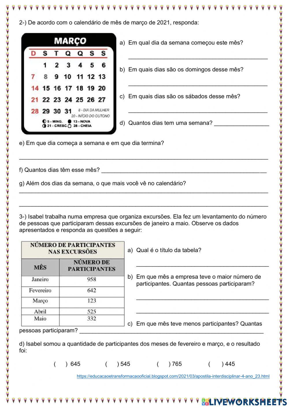 Operações e Calendário