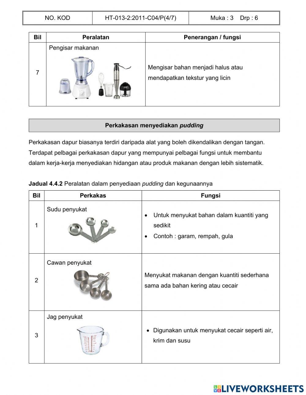 Peralatan penyediaan hidangan puding
