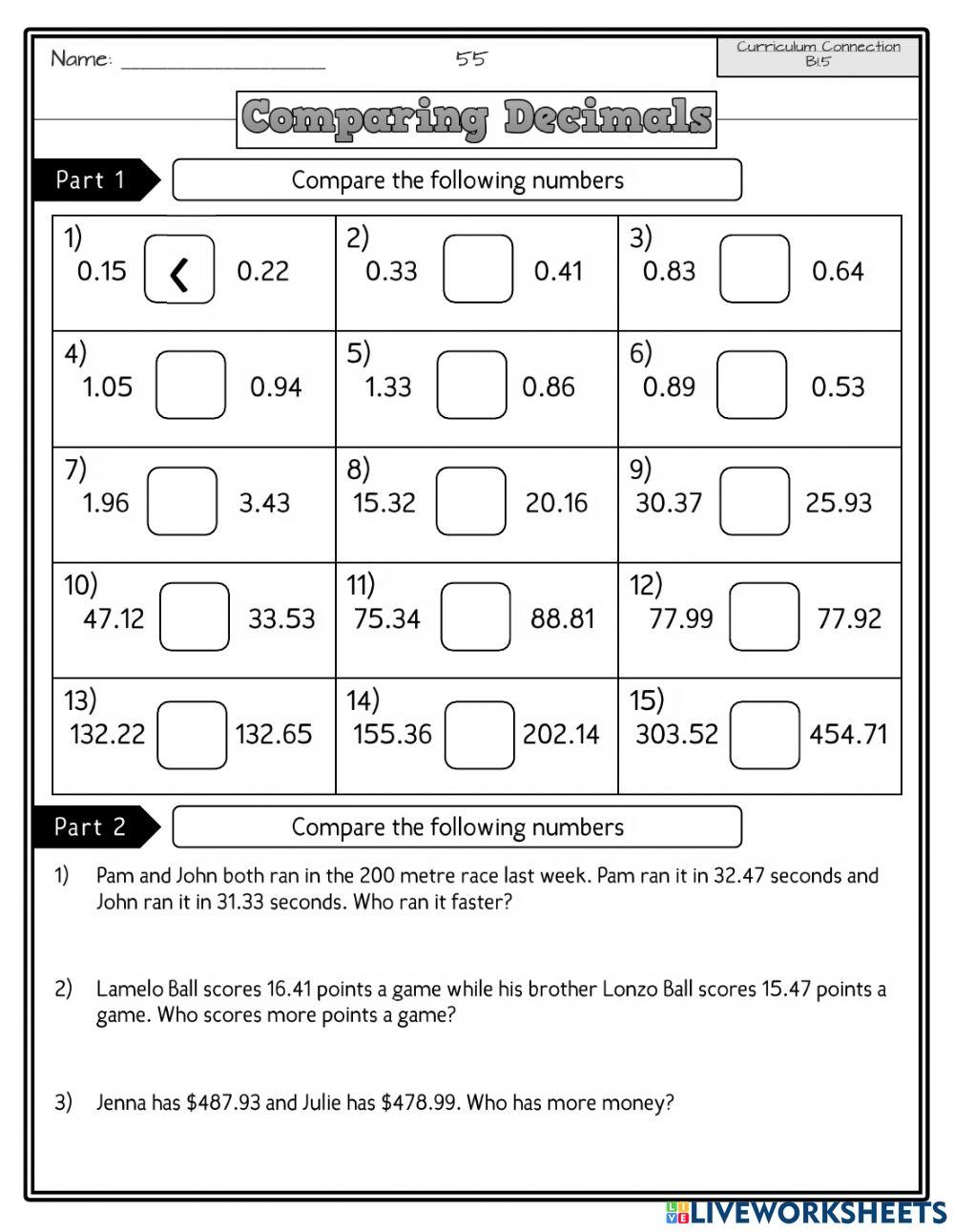 Comparing Decimals online exercise for Live Worksheets