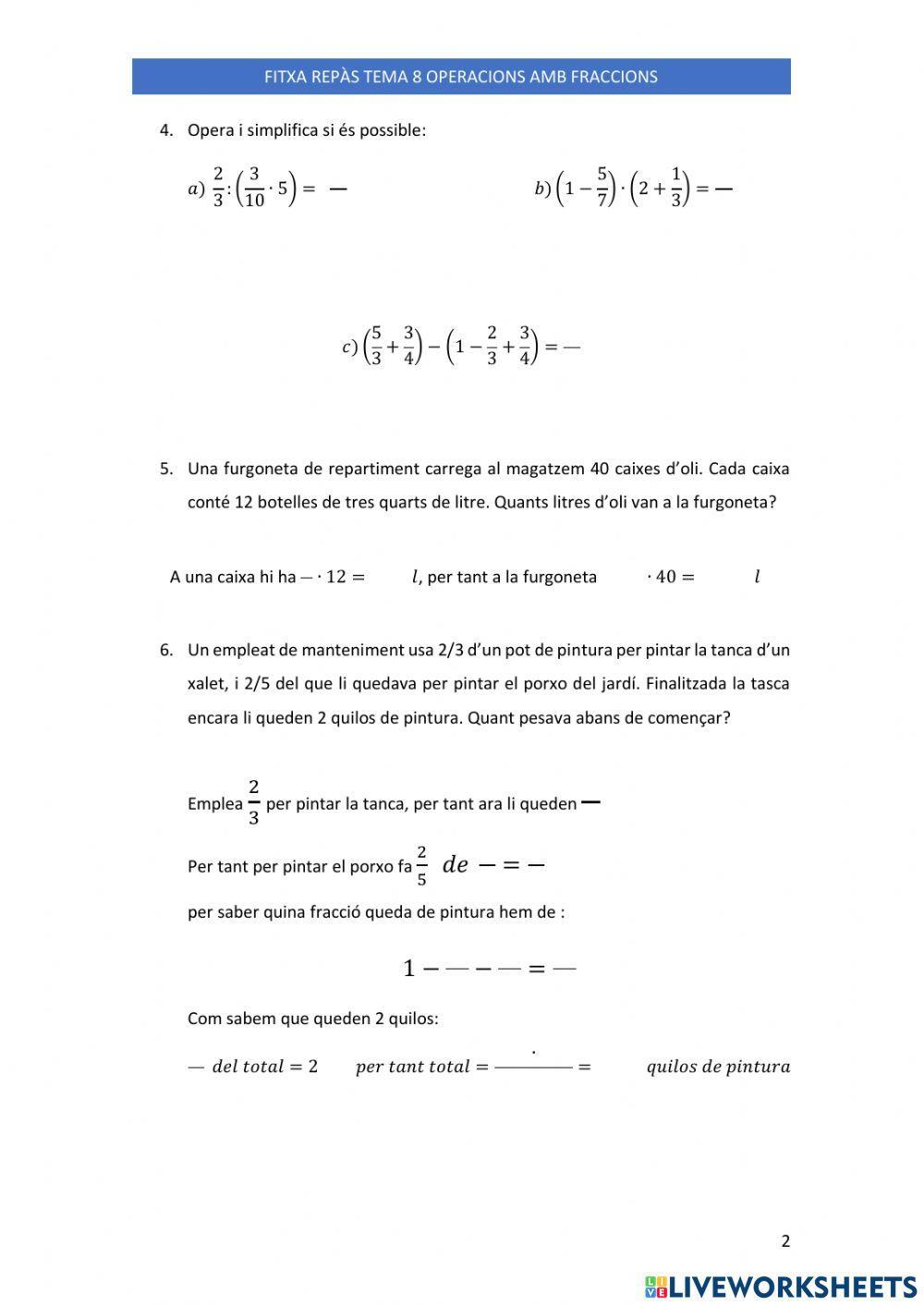 Operacions amb fraccions i problemes