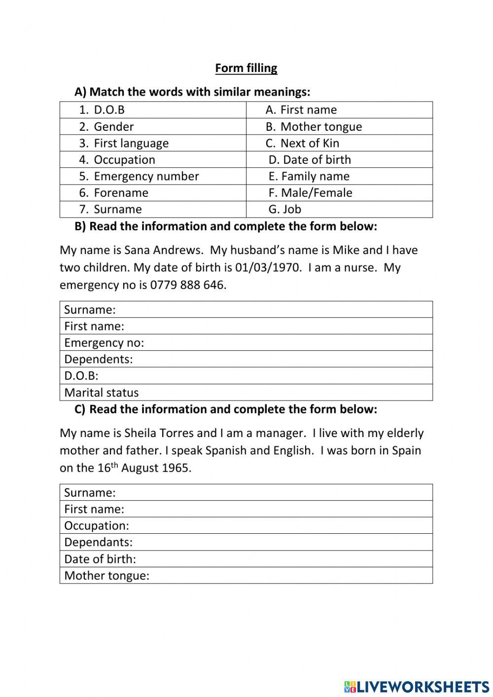 Form filling practice online exercise for live worksheets