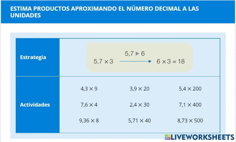 CÁLCULO MENTAL 6º: 10.1 Estimar productos aproximando nº decimal a unidades