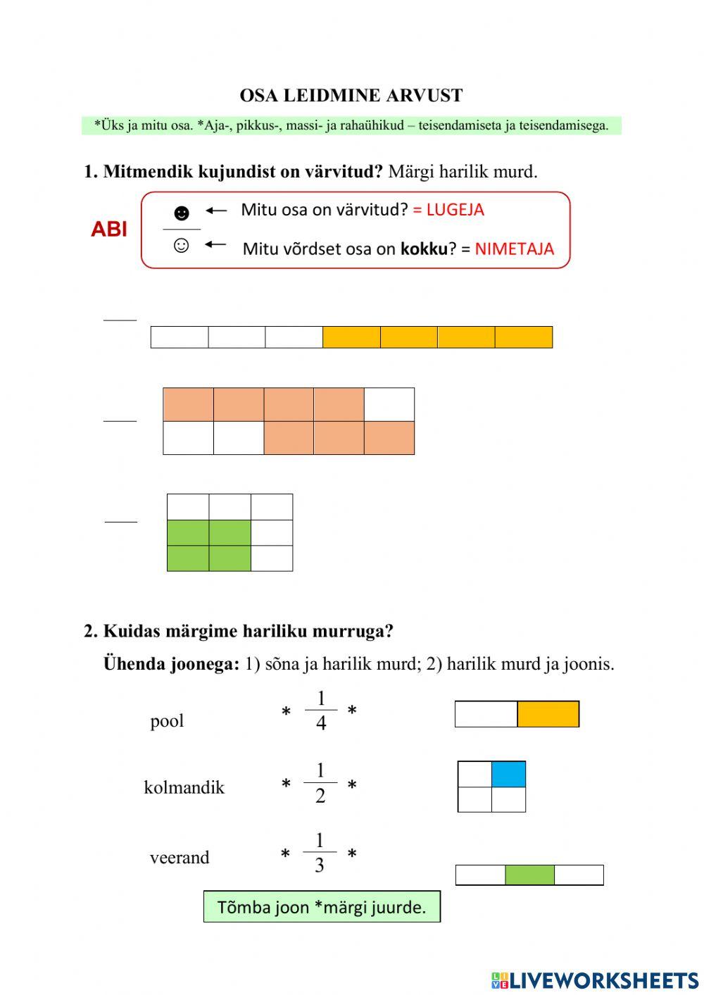 Osa leidmine arvust (üks ja mitu osa) Osa leidmine arvust (üks ja mitu osa)