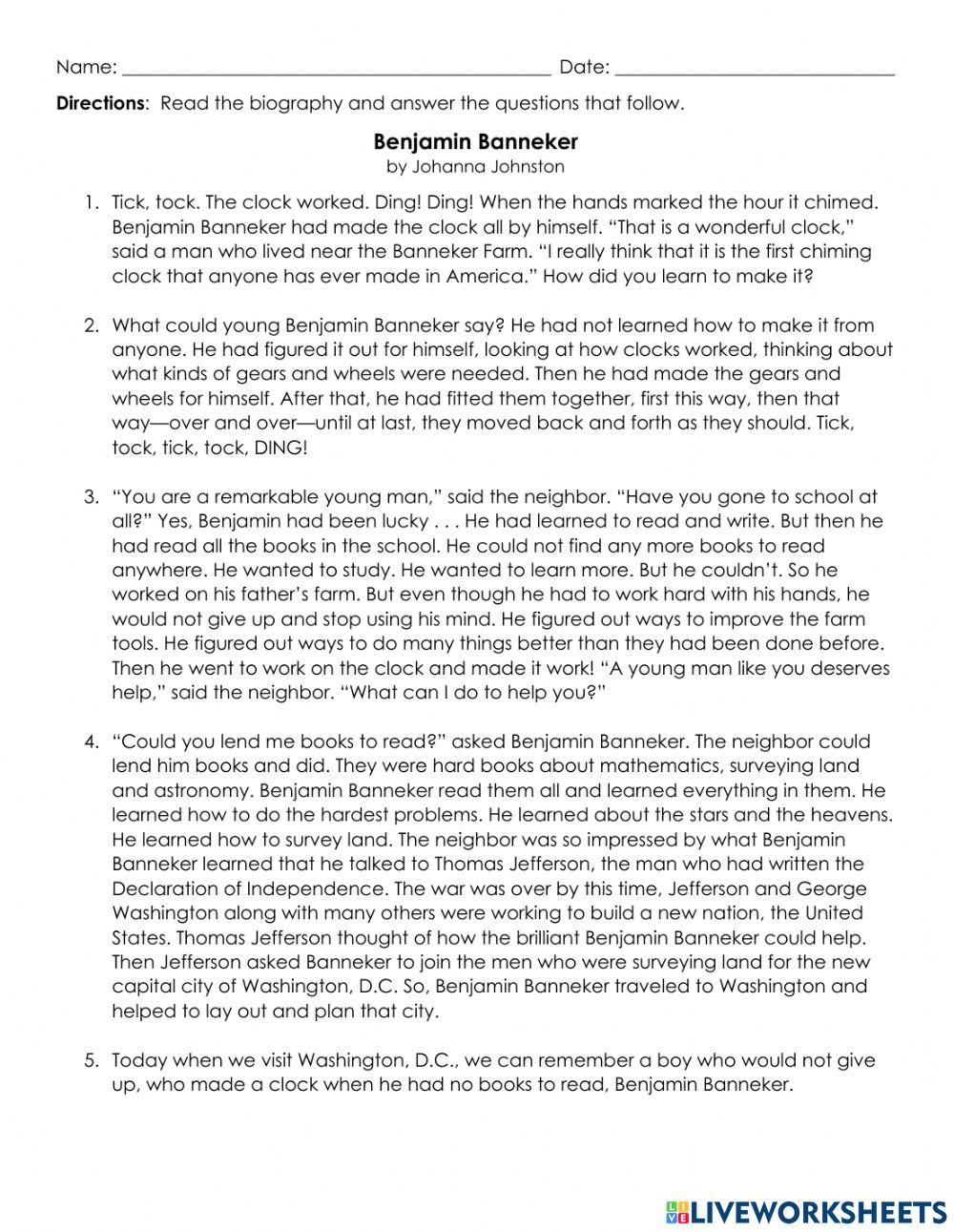 Benjamin Banneker Nonfiction Review worksheet Live Worksheets