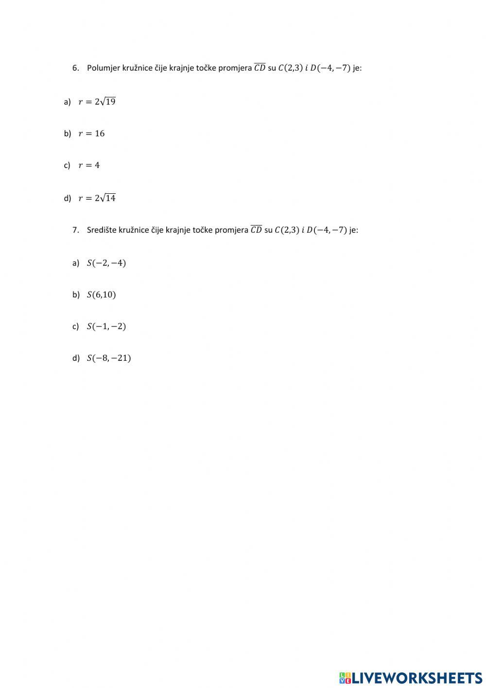 Nastavni listić - jednadžba kružnice