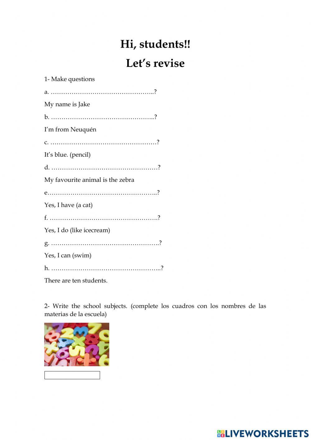 Revision questions school subjects prepositions