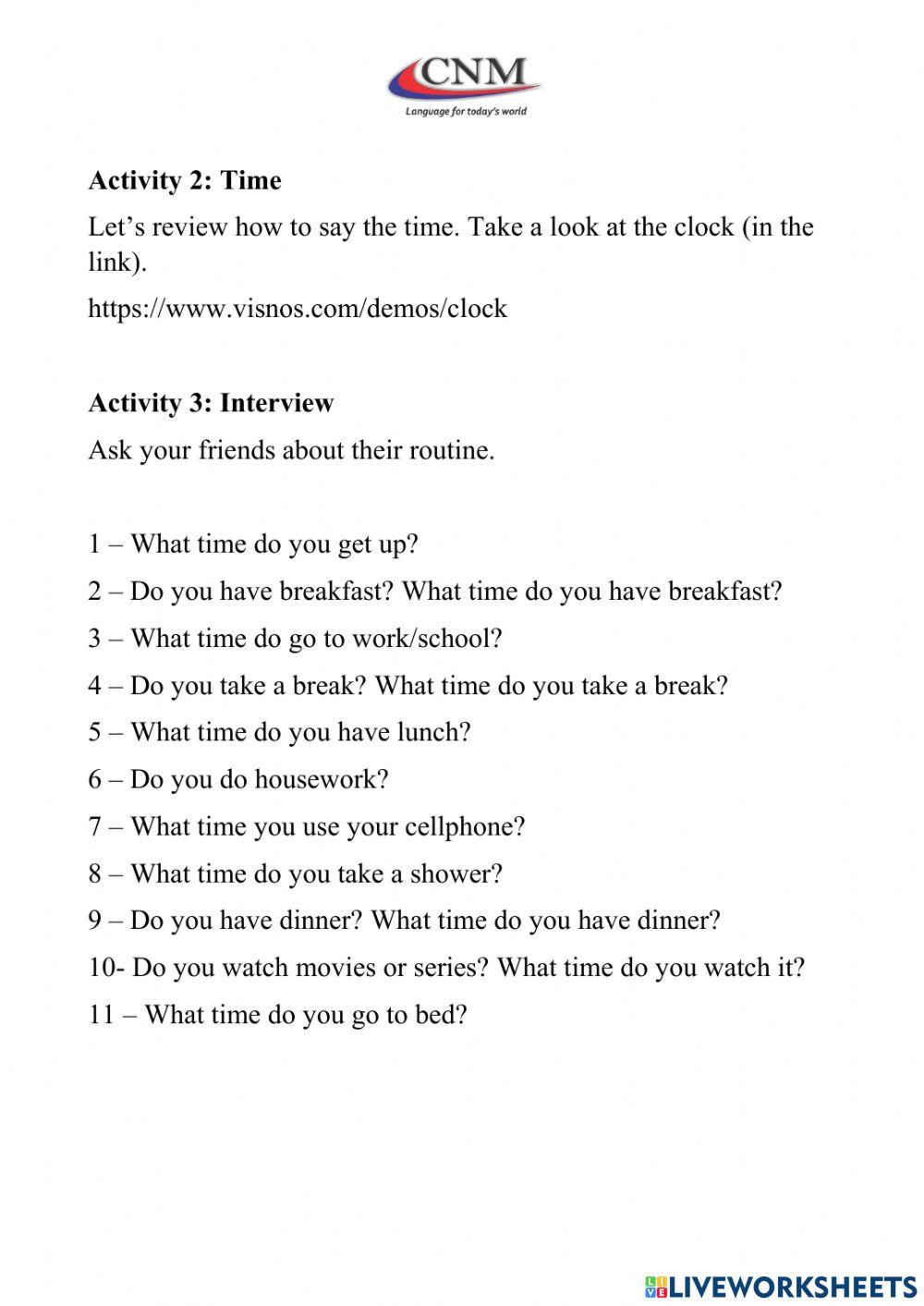Communitive Activity - Routine - Time - Adults Level I and Teen