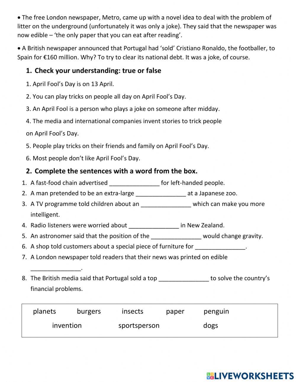 April Fools Day Reading Activity