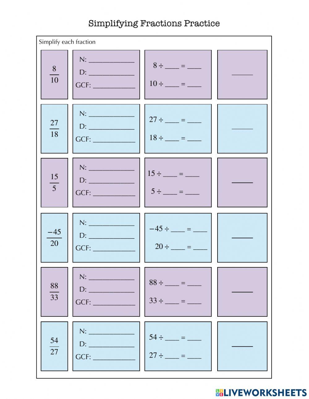 Simplifying Fractions Practice worksheet | Live Worksheets