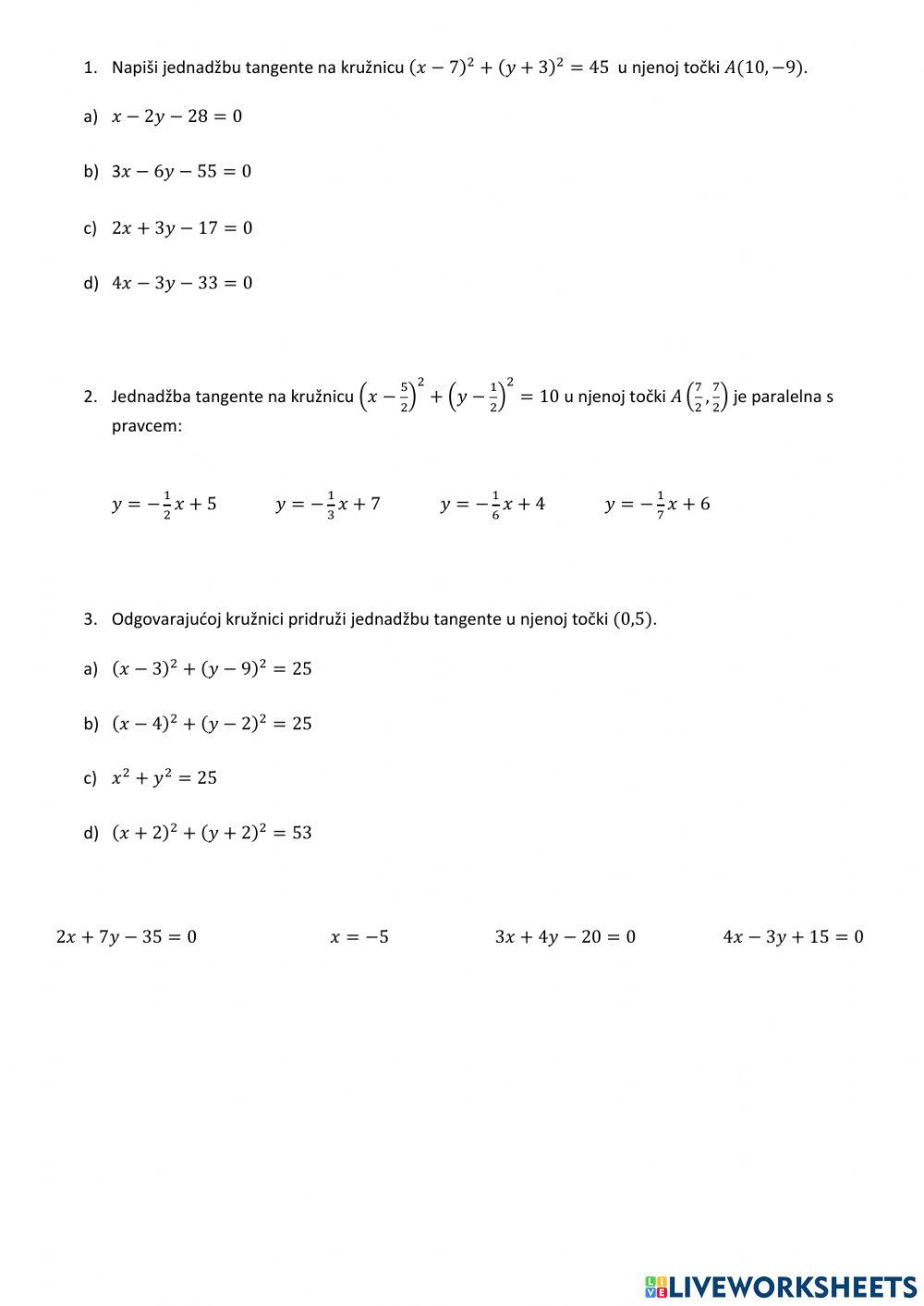 Nastavni listić - tangenta u točki kružnice