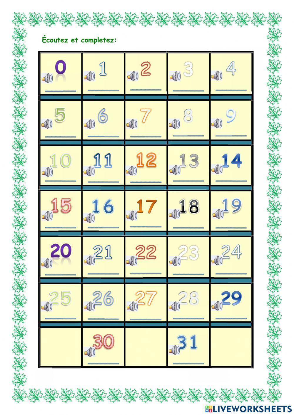 Les nombres 0-31 écrire