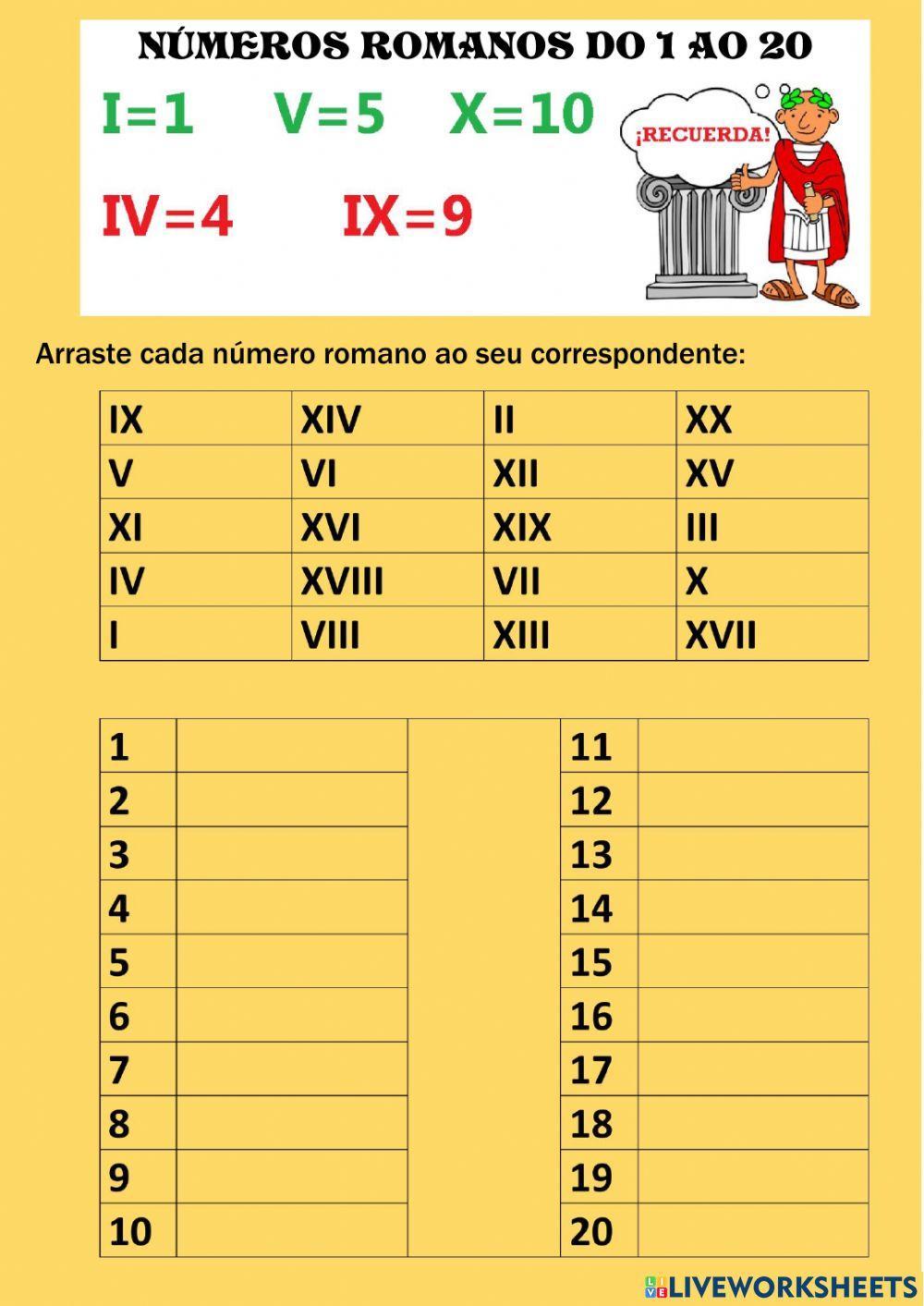 Números romanos de 1 até 20