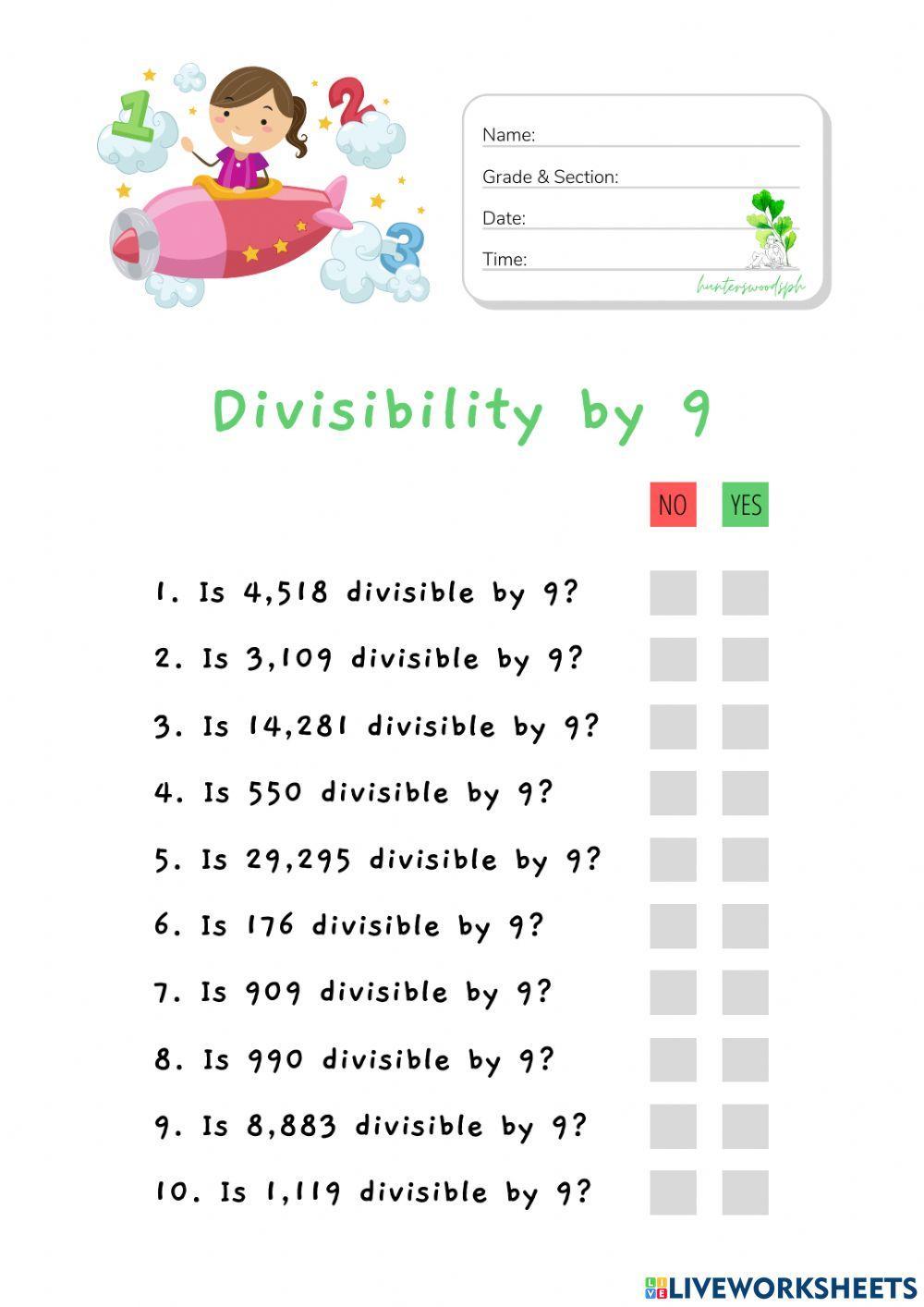 Divisibility by 9 (HuntersWoodsPH Math)