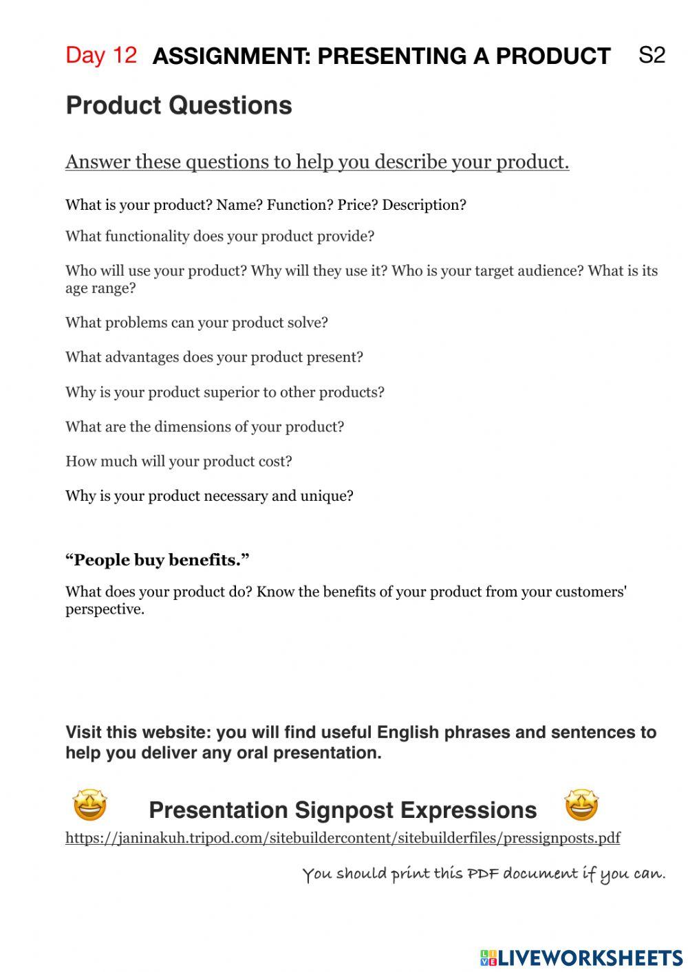 Assignment presenting a product
