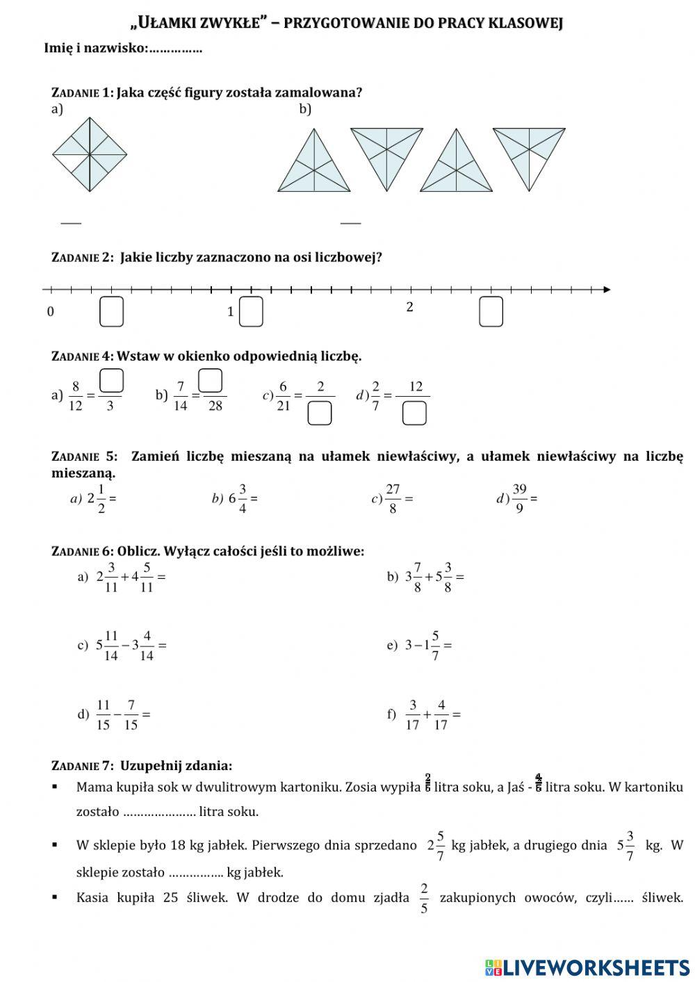 Ułamki zwykłe - powtórzenie wiadomości.